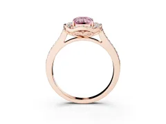 Fancy Pink Emerald Cut Diamond Halo Ring Set in Rose gold with Pavé-Lined Shoulders and Prong Setting