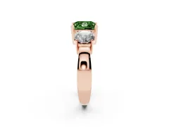 Fancy Green Princess Cut Diamond Three-Stone Ring Set in Rose gold with Round Side Stones and Classic Band
