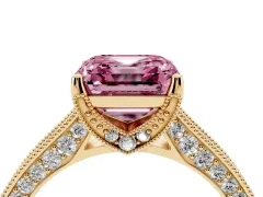 Fancy Pink Asscher Cut Diamond Solitaire Ring Set in Yellow gold with Milgrain-Edged Pavé Band and Prong Setting