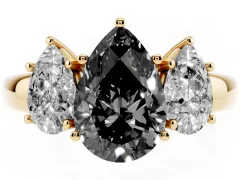 Fancy Black Pear Cut Diamond Three-Stone Ring Set in Yellow gold with Bold Center and Classic Band