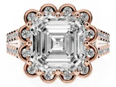 Asscher Cut Diamond Floral Halo Split Shank Engagement Ring Set in Rose gold with Pavé Shank