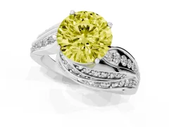 Fancy Yellow Round Cut Diamond Solitaire Ring Set in White gold with Layered Twist Pavé Band