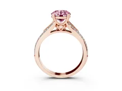 Fancy Pink Round Cut Diamond Split Shank Pavé Engagement Ring Set in Rose gold with Prong-Set Center Stone