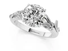 Round Cut Diamond Solitaire Ring Set in Silver with Leaf Motif Band
