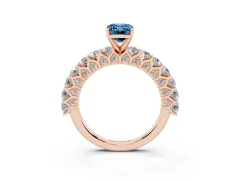 Fancy Blue Emerald Cut Diamond Solitaire Ring Set in Rose gold with Shared Prong Pavé Band