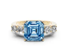 Fancy Blue Asscher Cut Diamond Five-Stone Prong Set Band Ring Set in Yellow gold with Polished Band