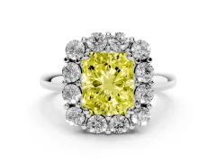 Fancy Yellow Radiant Cut Diamond Halo Cluster Engagement Ring Set in Platinum with Polished Band and Prong Setting