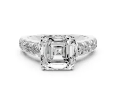 Asscher Cut Diamond Solitaire Ring Set in White gold with Cut-Down Micro Pavé Band and Prong Setting