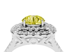 Fancy Yellow Round Cut Diamond Double Halo Ring Set in White gold with Pavé Split Shank and Prong Setting