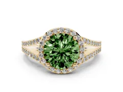 Fancy Green Round Cut Diamond Halo Split Shank Ring Set in Yellow gold with Accent Stones and Prong Setting