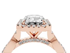 Emerald Cut Diamond Halo Twist Band Solitaire Ring Set in Rose gold with Prong Setting