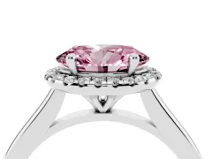 Fancy Pink Oval Cut Diamond Halo Engagement Ring Set in Silver with Pavé Band and Rising Shoulders