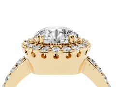 Round Cut Diamond Halo Ring Set in Yellow gold with Pavé Shank and Prong Setting
