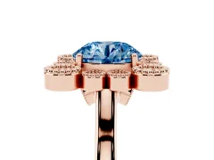 Fancy Blue Round Cut Diamond Cluster Halo Ring Set in Rose gold with Milgrain Bezel Accents and Plain Band
