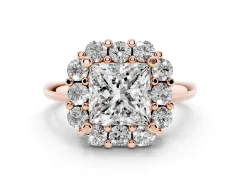 Princess Cut Diamond Halo Cluster Engagement Ring Set in Rose gold with Polished Band and Prong Setting