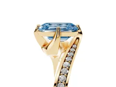 Fancy Blue Emerald Cut Diamond Solitaire Ring Set in Yellow gold with Intertwined Pavé Twist Band