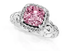 Fancy Pink Cushion Cut Diamond Halo Ring Set in Silver with Filigree Leaf Band and Prong Setting