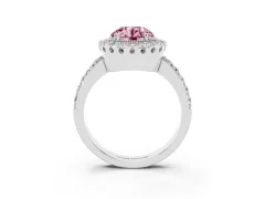 Fancy Pink Round Cut Diamond Halo Ring Set in White gold with Pavé Shank and Prong Setting