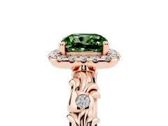 Fancy Green Cushion Cut Diamond Halo Ring Set in Rose gold with Filigree Leaf Band and Prong Setting
