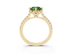Fancy Green Round Cut Diamond Solitaire Ring Set in Yellow gold with Pavé Band and Floral Prong Setting
