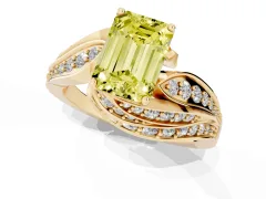 Fancy Yellow Emerald Cut Diamond Solitaire Ring Set in Yellow gold with Layered Twist Pavé Band