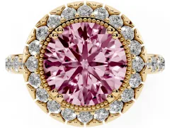 Fancy Pink Round Cut Diamond Halo Ring Set in Yellow gold with Pavé Shank and Prong Setting