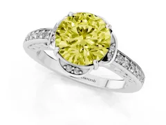 Fancy Yellow Round Cut Diamond Halo Ring Set in Platinum with Channel Set Band and Prong Setting