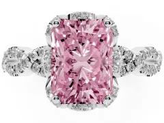 Fancy Pink Radiant Cut Diamond Halo Twist Band Solitaire Ring Set in Platinum with Prong-Set Center Stone