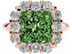Fancy Green Princess Cut Diamond Halo Cluster Engagement Ring Set in Rose gold with Polished Band and Prong Setting
