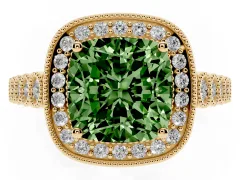 Fancy Green Cushion Cut Diamond Milgrain Halo Solitaire Ring Set in Yellow gold with Bezel Set Side Stones and Pavé Band