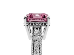 Fancy Pink Asscher Cut Diamond Solitaire Pavé Milgrain Engagement Ring Set in Platinum with Prong Setting