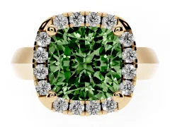 Fancy Green Cushion Cut Diamond Halo Solitaire Engagement Ring Set in Yellow gold with Square Band and Prong Setting