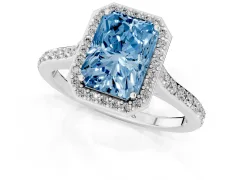 Fancy Blue Radiant Cut Diamond Halo Engagement Ring Set in Platinum with Round Pavé Shoulders and Heart Gallery