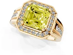Fancy Yellow Asscher Cut Diamond Halo Ring Set in Yellow gold with Pavé and Bezel Accent Split Shank