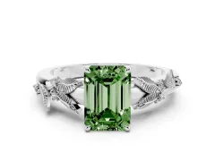 Fancy Green Emerald Cut Diamond Solitaire Ring Set in Silver with Leaf Motif Band