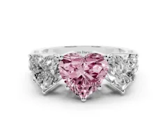 Fancy Pink Heart Cut Diamond Three-Stone Ring Set in Silver with Textured Band