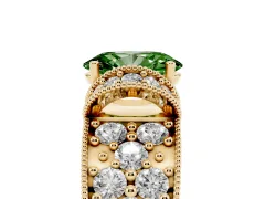 Fancy Green Oval Cut Diamond Milgrain Halo Pavé Engagement Ring Set in Yellow gold with Prong Setting