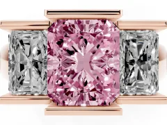 Fancy Pink Radiant Cut Diamond Three-Stone Channel Set Ring Set in Rose gold with Smooth Polished Band