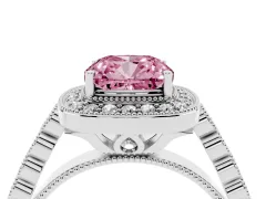 Fancy Pink Cushion Cut Diamond Milgrain Halo Solitaire Ring Set in Platinum with Bezel Set Side Stones and Pavé Band
