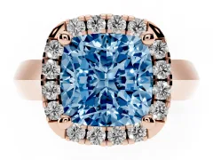 Fancy Blue Cushion Cut Diamond Halo Solitaire Engagement Ring Set in Rose gold with Square Band and Prong Setting