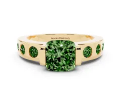 Fancy Green Cushion Cut Diamond Channel-Set Band Ring Set in Yellow gold with Bezel Prong Setting