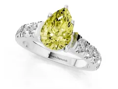Fancy Yellow Pear Cut Diamond Solitaire Ring Set in White gold with Cut-Down Micro Pavé Band and Prong Setting