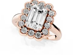 Emerald Cut Diamond Halo Cluster Engagement Ring Set in Rose gold with Solitaire Band and Prong Setting