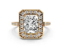 Radiant Cut Diamond Halo Ring Set in Yellow gold with Accent-Lined Split Shank and Prong Setting