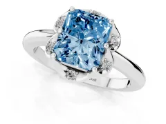 Fancy Blue Radiant Cut Diamond Round Cluster Halo Ring Set in Silver with Solitaire Band and Prong Setting