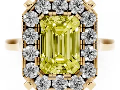 Fancy Yellow Emerald Cut Diamond Cluster Halo Solitaire Ring Set in Yellow gold with Prong Setting