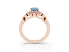 Fancy Blue Oval Cut Diamond Solitaire Ring Set in Rose gold with Milgrain Pavé Heart Band
