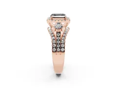 Fancy Black Asscher Cut Diamond Halo Split Shank Ring Set in Rose gold with Round Accent Stones and Prong Setting