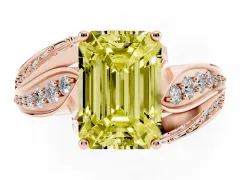 Fancy Yellow Emerald Cut Diamond Solitaire Ring Set in Rose gold with Layered Twist Pavé Band