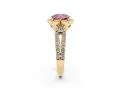 Fancy Pink Radiant Cut Diamond Floral Halo Split Shank Engagement Ring Set in Yellow gold with Pavé Shank